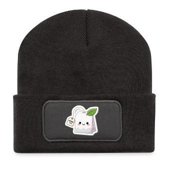 Kawaii Kräutertee Beutel Illustration - Recycelte Patch Beanie - Dunkelgrau - Vorne