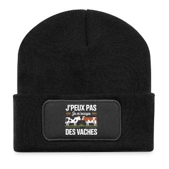 Ich kann mich nicht um Kühe kümmern, Humor, Landschaft, - Recycelte Patch Beanie - Schwarz - Vorne