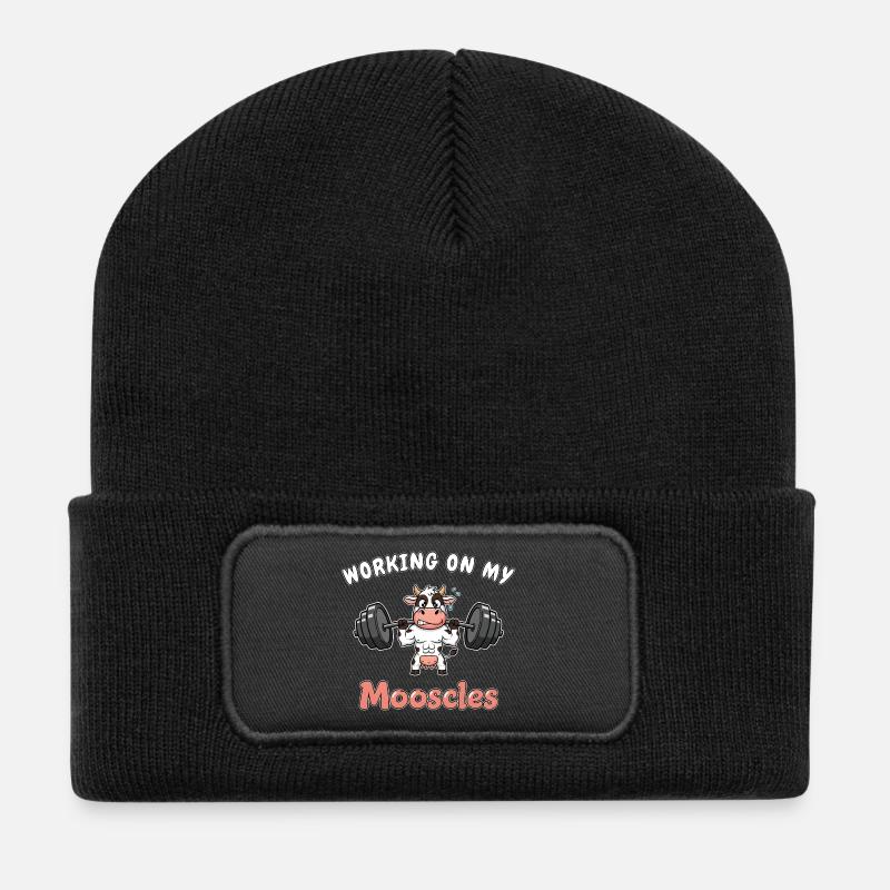 Cow - Working on my Mooscles - Funny Gym Design - Recycelte Patch Beanie - Schwarz