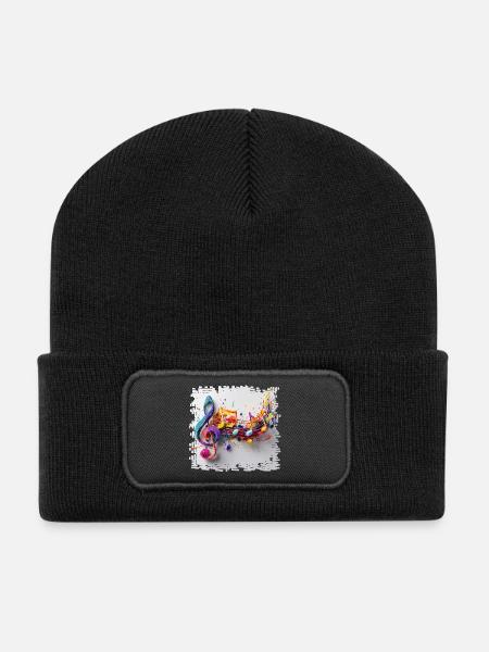 Farbenfrohe Musiknoten Kunstmotiv - Recycelte Patch Beanie - Schwarz