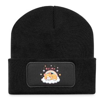 Entspanntes Kätzchen Regenbogen auf Wolke - Recycelte Patch Beanie - Schwarz - Vorne