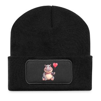 Liebes-Hippo mit rotem Herzballon - Recycelte Patch Beanie - Schwarz - Vorne