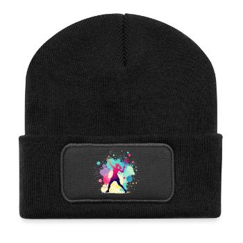 Tennis, Tennisspielerin Frau, Tennisgrafik - Recycelte Patch Beanie - Schwarz - Vorne