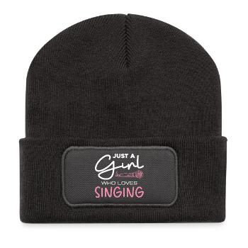 La fille adore chanter – Motif du micro - Beanie recyclé à patch - charbon - Devant