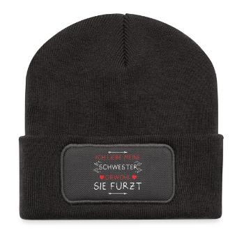 Ich liebe meine Schwester Furzt Furzen Pupsen - Recycelte Patch Beanie - Dunkelgrau - Vorne