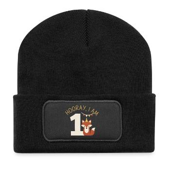 Hooray I'm 1 Sweet Fox Birthday - Recycled Patch Beanie - black - Front