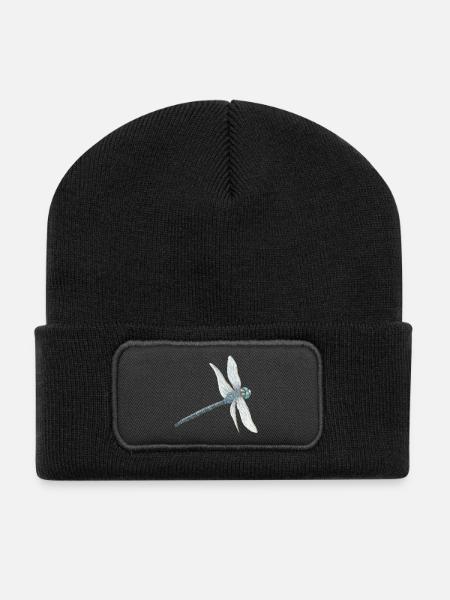 Blaugrüne Libelle Illustration - Recycelte Patch Beanie - Schwarz