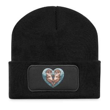 Otter Couple Cuddles Cute Otter Matching Couple - Recycled Patch Beanie - black - Front