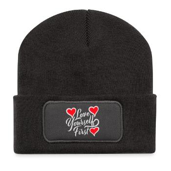 Love Yourself First Selbstliebe Selbstfürsorge - Recycelte Patch Beanie - Dunkelgrau - Vorne