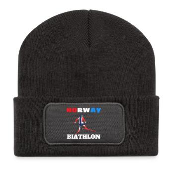 Silhouette biathlète avec drapeau norvégien  - Beanie recyclé à patch - charbon - Devant