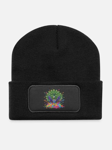 Peacock with Paint Slingshot Panorama - Recycled Patch Beanie - black