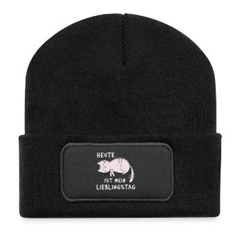 Heute ist mein Lieblingstag – Schlaf Katzen Spruch - Recycelte Patch Beanie - Schwarz - Vorne
