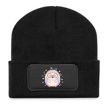Pastell-Igel mit Brille und Herzen - Recycelte Patch Beanie - Schwarz - Vorne
