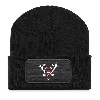 Rentier mit Brille und Santa-Hut - Recycelte Patch Beanie - Schwarz - Vorne