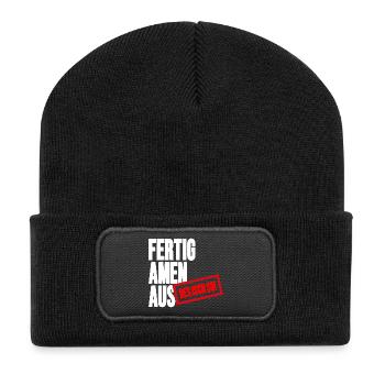 Großbuchstaben Stempelbanner - Fertig Amen Aus - Recycelte Patch Beanie - Schwarz - Vorne
