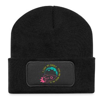 Ich liebe meine Familie bis zum Mond, Raketen-Neon - Recycelte Patch Beanie - Schwarz - Vorne