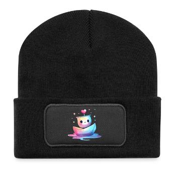 Kunterbuntes Herzboot Kawaii - Recycelte Patch Beanie - Schwarz - Vorne