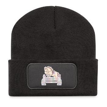 Pastellpferd beim Hindernis-Sprung - Recycelte Patch Beanie - Dunkelgrau - Vorne