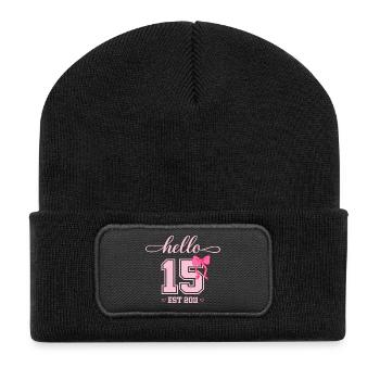 Hello 15 Est 2011 Girl Birthday Design - Recycled Patch Beanie - black - Front