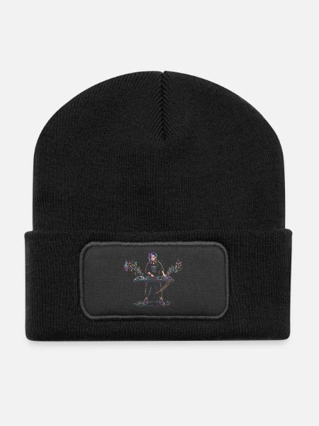 Dj Woman Playing Music Mixer Instrument Drawing - Recycled Patch Beanie - black