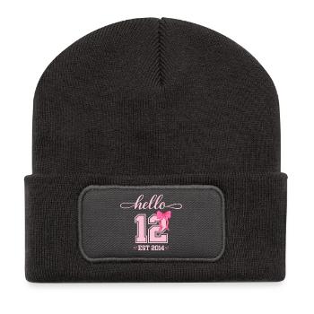 Hello 12 Est 2014 Coquette Bow Girl Birth - Recycled Patch Beanie - dark grey - Front