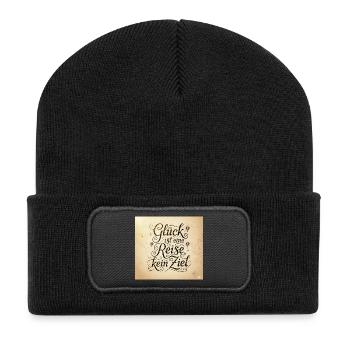 Glück ist eine Reise – kein Ziel - Recycelte Patch Beanie - Schwarz - Vorne