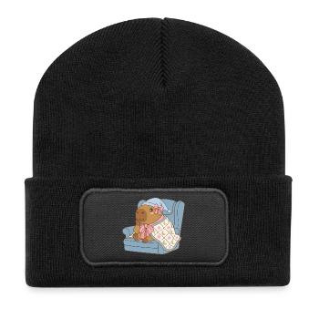 Sleepy Capybara Mondbeschienene Decke – Pastell-Wiegenlied - Recycelte Patch Beanie - Schwarz - Vorne