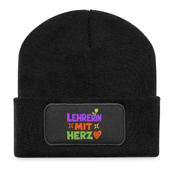 Lehrerin mit Herz!  - Recycelte Patch Beanie - Schwarz - Vorne