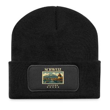 Schweiz Luzern Vintage Reisemarke - Recycelte Patch Beanie - Schwarz - Vorne