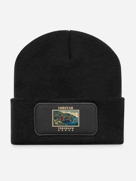 Färöer Tórshavn Vintage Reisemarke - Recycelte Patch Beanie - Schwarz