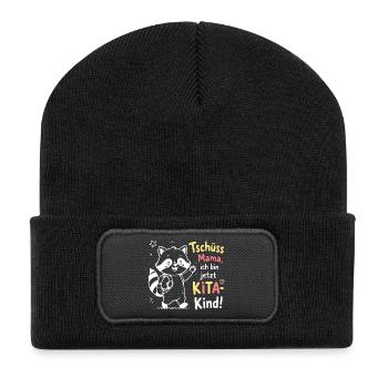 KiTa Abschied mit Waschbär - Recycelte Patch Beanie - Schwarz - Vorne