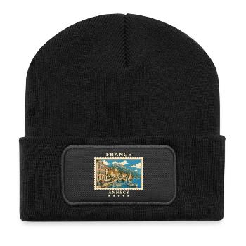 Frankreich Annecy Vintage Reisemarke - Recycelte Patch Beanie - Schwarz - Vorne