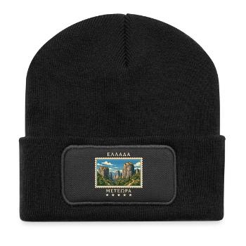 Griechenland Meteora Vintage Reisemarke - Recycelte Patch Beanie - Schwarz - Vorne