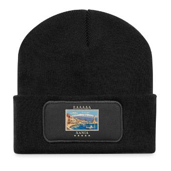 Griechenland Chania Vintage Reisemarke - Recycelte Patch Beanie - Schwarz - Vorne