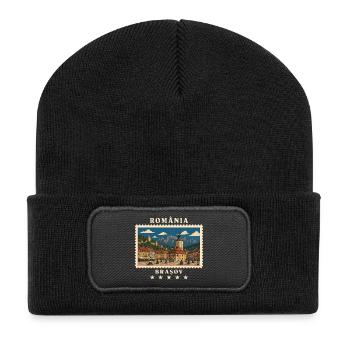 Rumänien Brașov Vintage Reisemarke - Recycelte Patch Beanie - Schwarz - Vorne