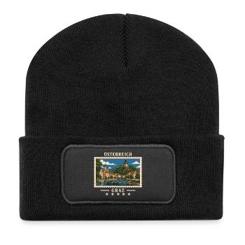 Österreich Graz Vintage Reisemarke - Recycelte Patch Beanie - Schwarz - Vorne