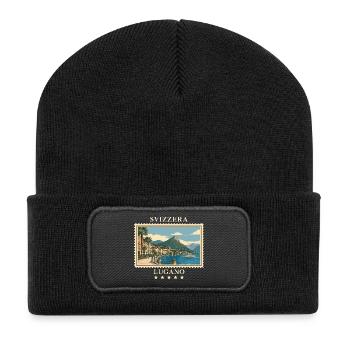 Schweiz Lugano Vintage Reisemarke - Recycelte Patch Beanie - Schwarz - Vorne