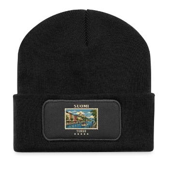 Finnland Turku Vintage Reisemarke - Recycelte Patch Beanie - Schwarz - Vorne