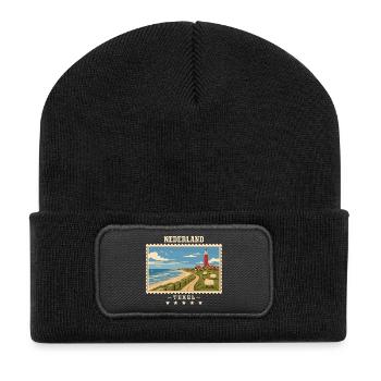 Niederlande Texel Vintage Reisemarke - Recycelte Patch Beanie - Schwarz - Vorne