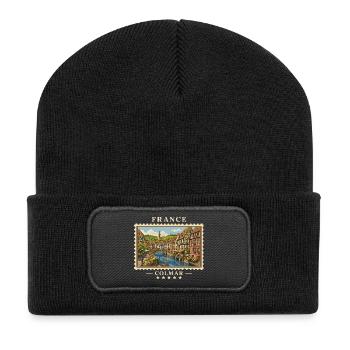Frankreich Colmar Vintage Reisemarke - Recycelte Patch Beanie - Schwarz - Vorne
