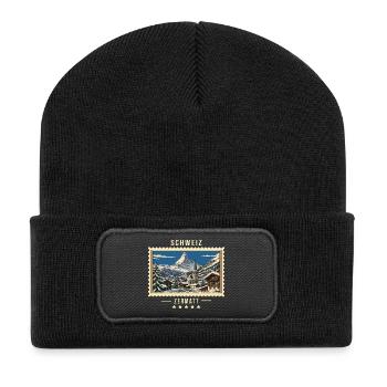 Schweiz Zermatt Winter Vintage Reisemarke - Recycelte Patch Beanie - Schwarz - Vorne