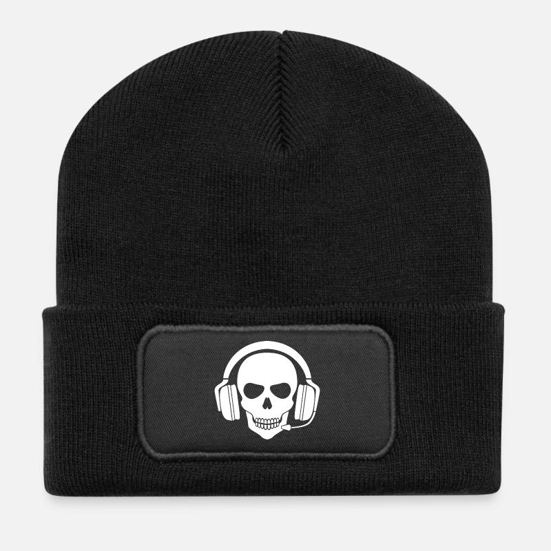 Gamer Totenkopf mit Headset (Weiß) - Recycelte Patch Beanie - Schwarz