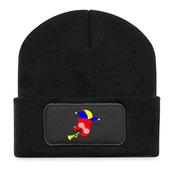 Karnevalsfigur mit bunter Clownmaske - Recycelte Patch Beanie - Schwarz - Vorne