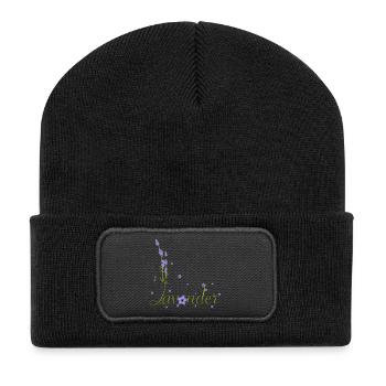 zarte Lavendel Kalligrafie mit Lavendel Blüten - Recycelte Patch Beanie - Schwarz - Vorne