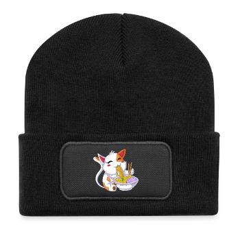 Cat Eating Ramen - Recycled Patch Beanie - black - Front