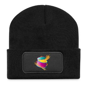knallig bunter Kochtopf mit Deckel und Spaghetti - Recycelte Patch Beanie - Schwarz - Vorne