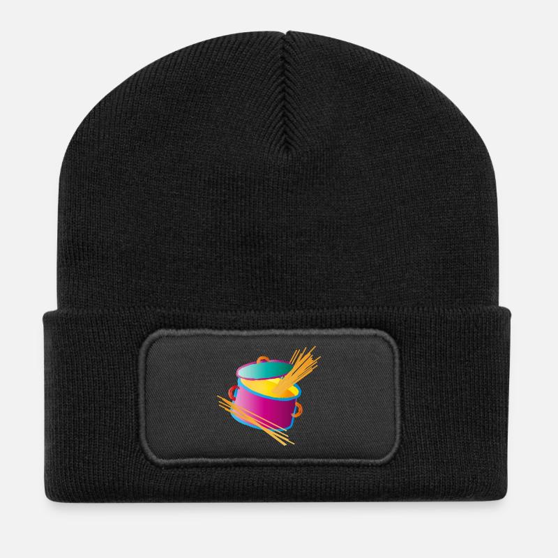knallig bunter Kochtopf mit Deckel und Spaghetti - Recycelte Patch Beanie - Schwarz