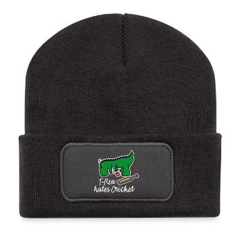 Cricket Spieler Dinosaurier, T-Rex hates Cricket - Recycelte Patch Beanie - Dunkelgrau - Vorne