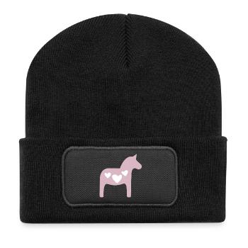 Dalapferd rosa Herzen skandi Weihnachten Hygge - Recycelte Patch Beanie - Schwarz - Vorne