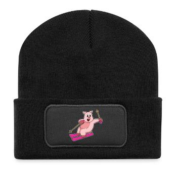 Schwein Skifahrer Ski - Recycelte Patch Beanie - Schwarz - Vorne